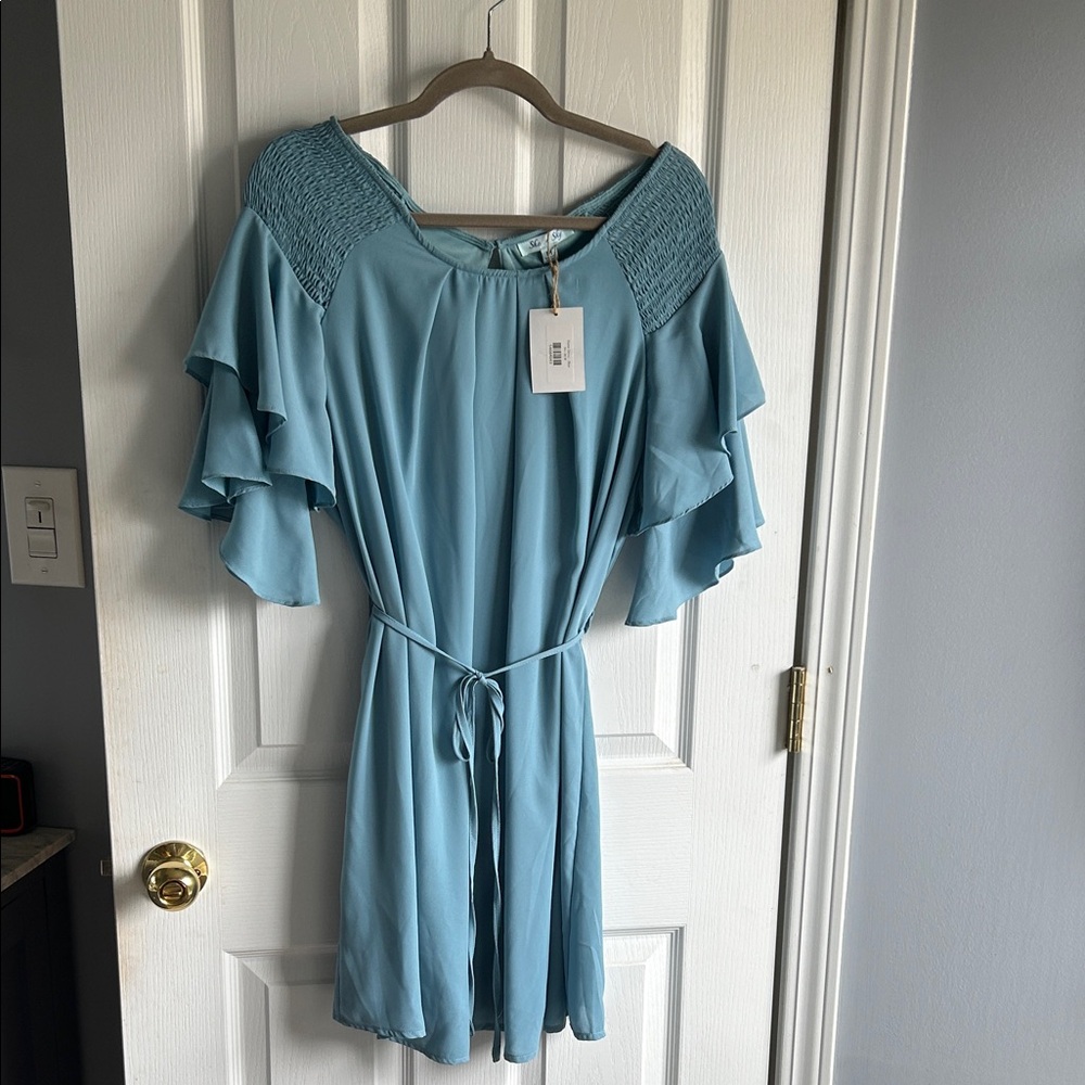 She + Sky Blue Ruffle Sleeve Dress